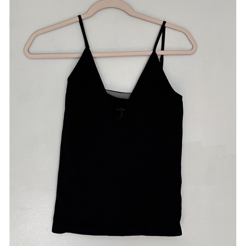 Free People Intimately Come Around Black Ribbed Knit Cami Tank XS V-Neck Mesh